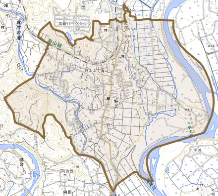 野上とその周辺の地図。町の範囲を重ねている