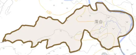 落合とその周辺の地図。町の範囲を重ねている