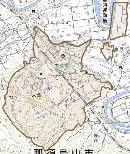大金とその周辺の地図。町の範囲を重ねている