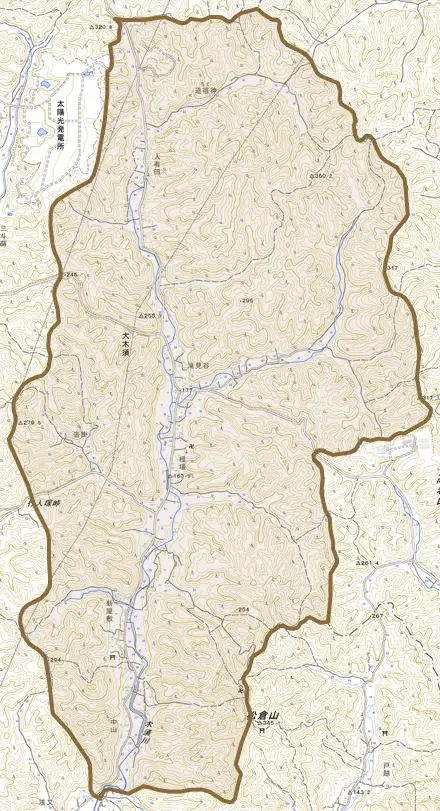 大木須とその周辺の地図。町の範囲を重ねている