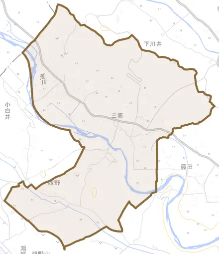 三箇とその周辺の地図。町の範囲を重ねている