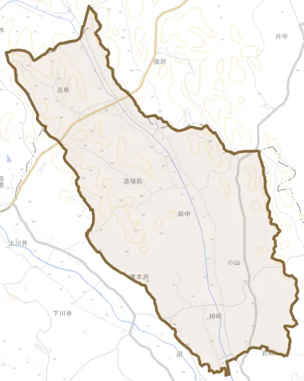 志鳥とその周辺の地図。町の範囲を重ねている