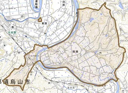 高瀬とその周辺の地図。町の範囲を重ねている