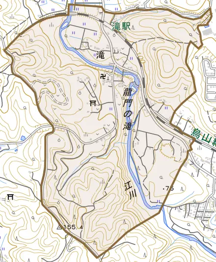 滝とその周辺の地図。町の範囲を重ねている