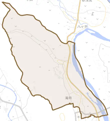 滝田とその周辺の地図。町の範囲を重ねている