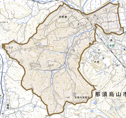 田野倉とその周辺の地図。町の範囲を重ねている