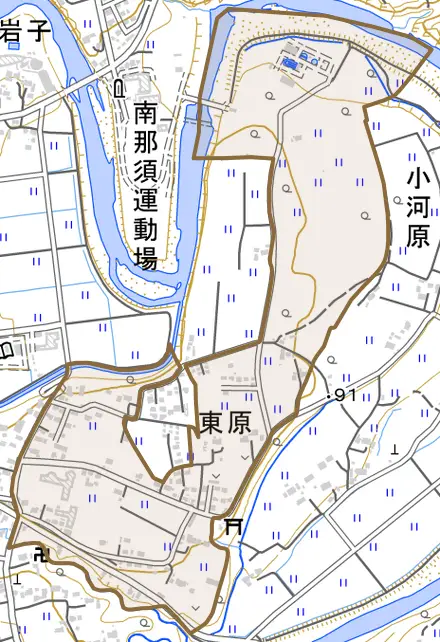 東原とその周辺の地図。町の範囲を重ねている