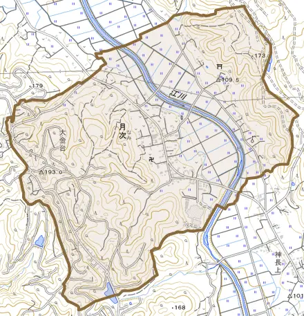 月次とその周辺の地図。町の範囲を重ねている