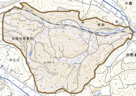 宇井とその周辺の地図。町の範囲を重ねている