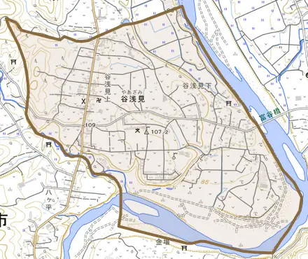 谷浅見とその周辺の地図。町の範囲を重ねている