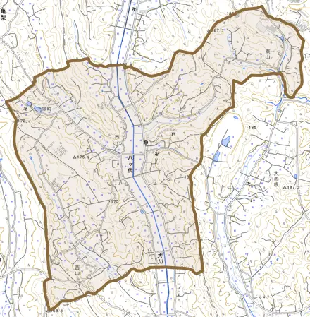 八ケ代とその周辺の地図。町の範囲を重ねている