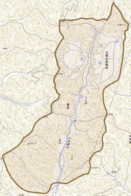 横枕とその周辺の地図。町の範囲を重ねている