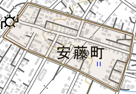 安藤町とその周辺の地図。町の範囲を重ねている