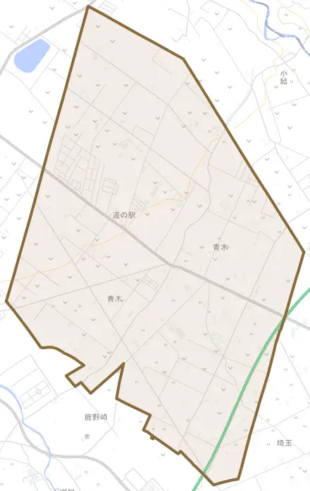 青木とその周辺の地図。町の範囲を重ねている