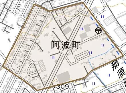 阿波町とその周辺の地図。町の範囲を重ねている