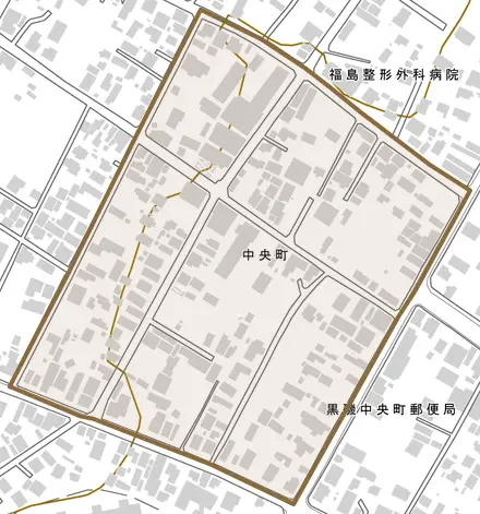 中央町とその周辺の地図。町の範囲を重ねている