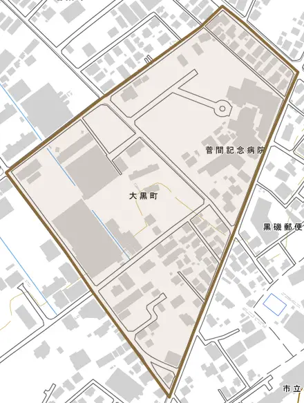 大黒町とその周辺の地図。町の範囲を重ねている