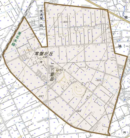 二つ室とその周辺の地図。町の範囲を重ねている