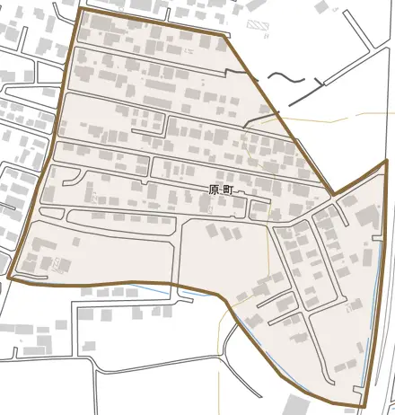 原町とその周辺の地図。町の範囲を重ねている