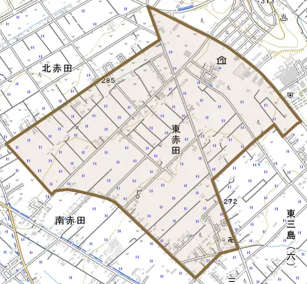 東赤田とその周辺の地図。町の範囲を重ねている
