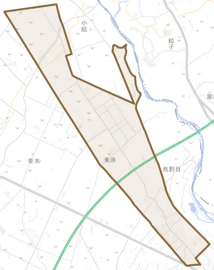 東原とその周辺の地図。町の範囲を重ねている