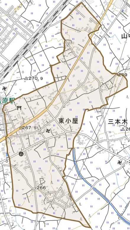 東小屋とその周辺の地図。町の範囲を重ねている