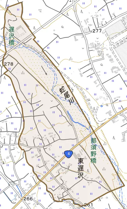 東遅沢とその周辺の地図。町の範囲を重ねている