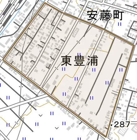 東豊浦とその周辺の地図。町の範囲を重ねている