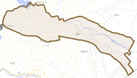 蟇沼とその周辺の地図。町の範囲を重ねている