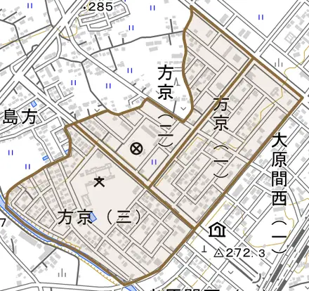 方京とその周辺の地図。町の範囲を重ねている