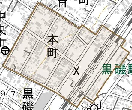 本町とその周辺の地図。町の範囲を重ねている