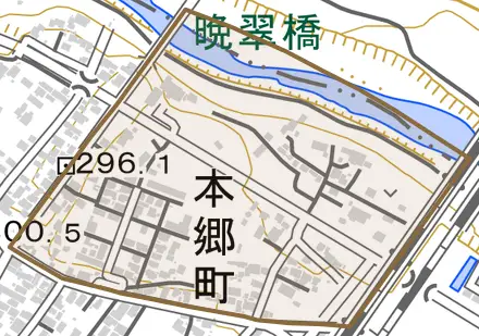 本郷町とその周辺の地図。町の範囲を重ねている