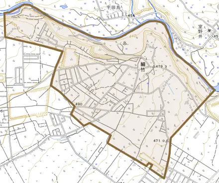 細竹とその周辺の地図。町の範囲を重ねている