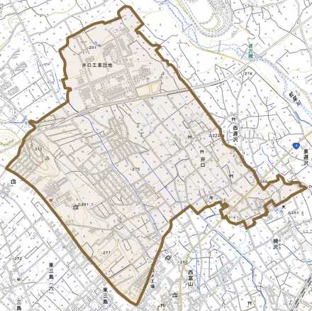 井口とその周辺の地図。町の範囲を重ねている