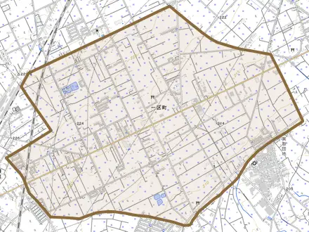 一区町とその周辺の地図。町の範囲を重ねている