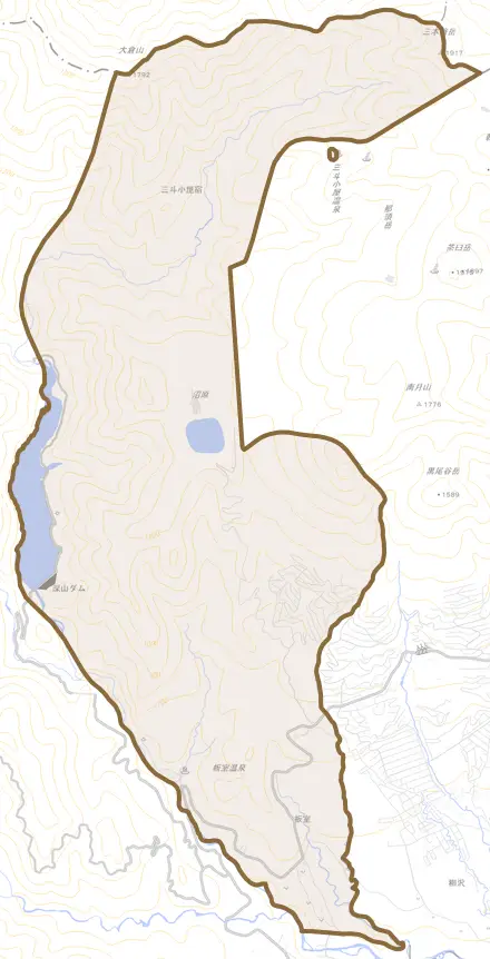 板室とその周辺の地図。町の範囲を重ねている