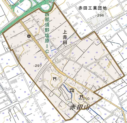 上赤田とその周辺の地図。町の範囲を重ねている