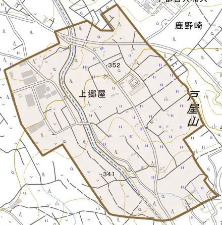 上郷屋とその周辺の地図。町の範囲を重ねている