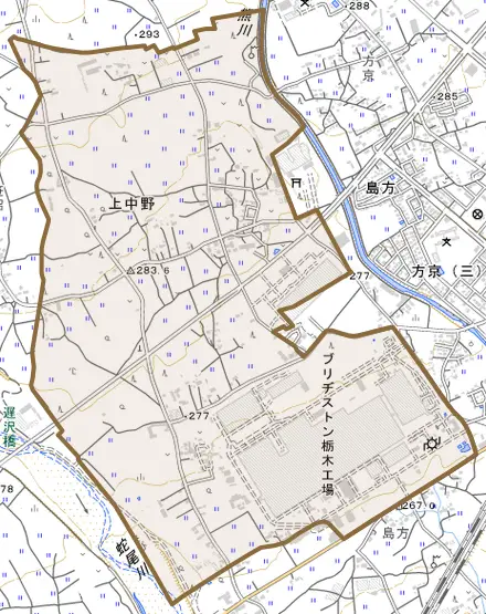 上中野とその周辺の地図。町の範囲を重ねている