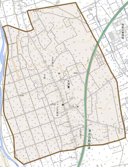 上大貫とその周辺の地図。町の範囲を重ねている