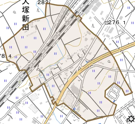 上大塚新田とその周辺の地図。町の範囲を重ねている