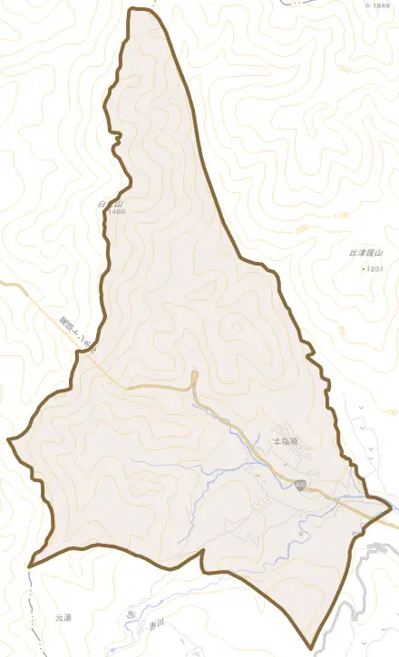 上塩原とその周辺の地図。町の範囲を重ねている