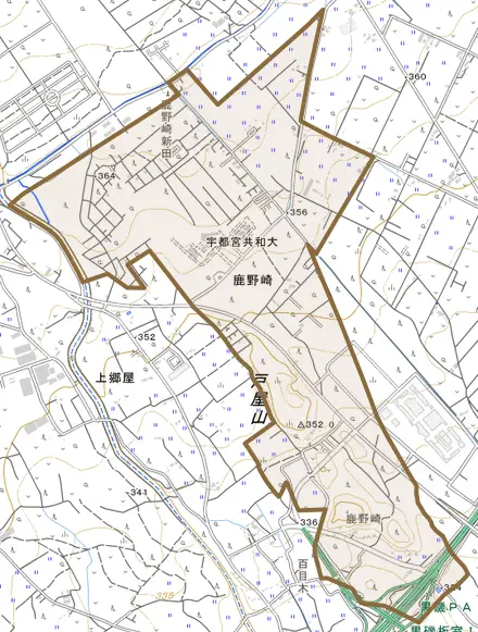 鹿野崎とその周辺の地図。町の範囲を重ねている