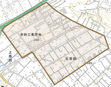 北赤田とその周辺の地図。町の範囲を重ねている