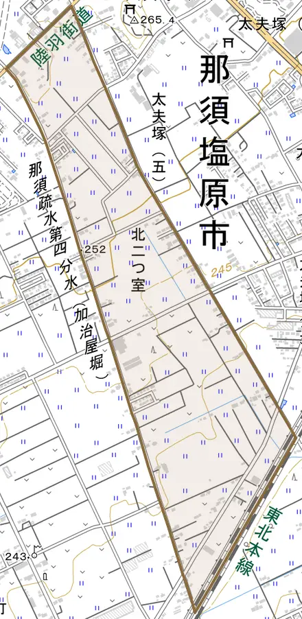 北二つ室とその周辺の地図。町の範囲を重ねている