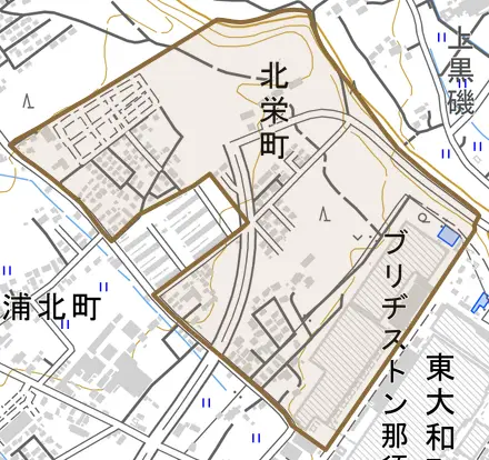 北栄町とその周辺の地図。町の範囲を重ねている