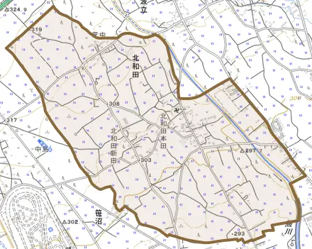 北和田とその周辺の地図。町の範囲を重ねている