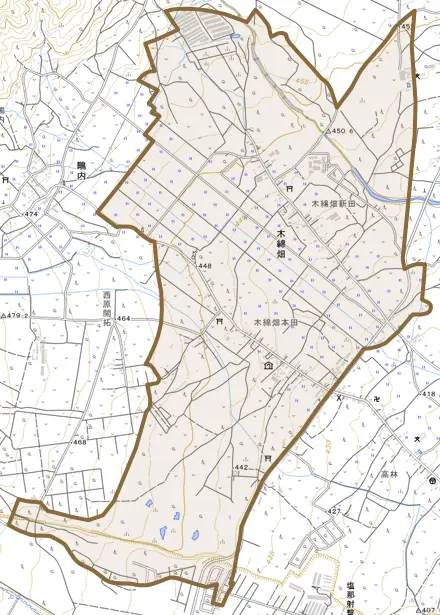 木綿畑とその周辺の地図。町の範囲を重ねている