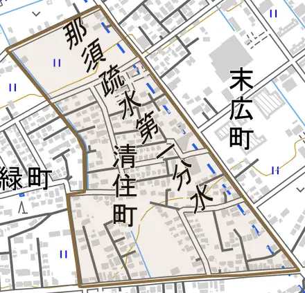 清住町とその周辺の地図。町の範囲を重ねている
