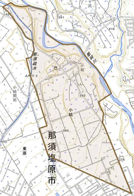 小結とその周辺の地図。町の範囲を重ねている